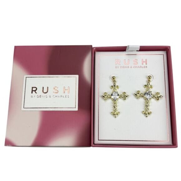 NWT RUSH Gold Cross Rhinestone Earrings - Picture 4 of 6